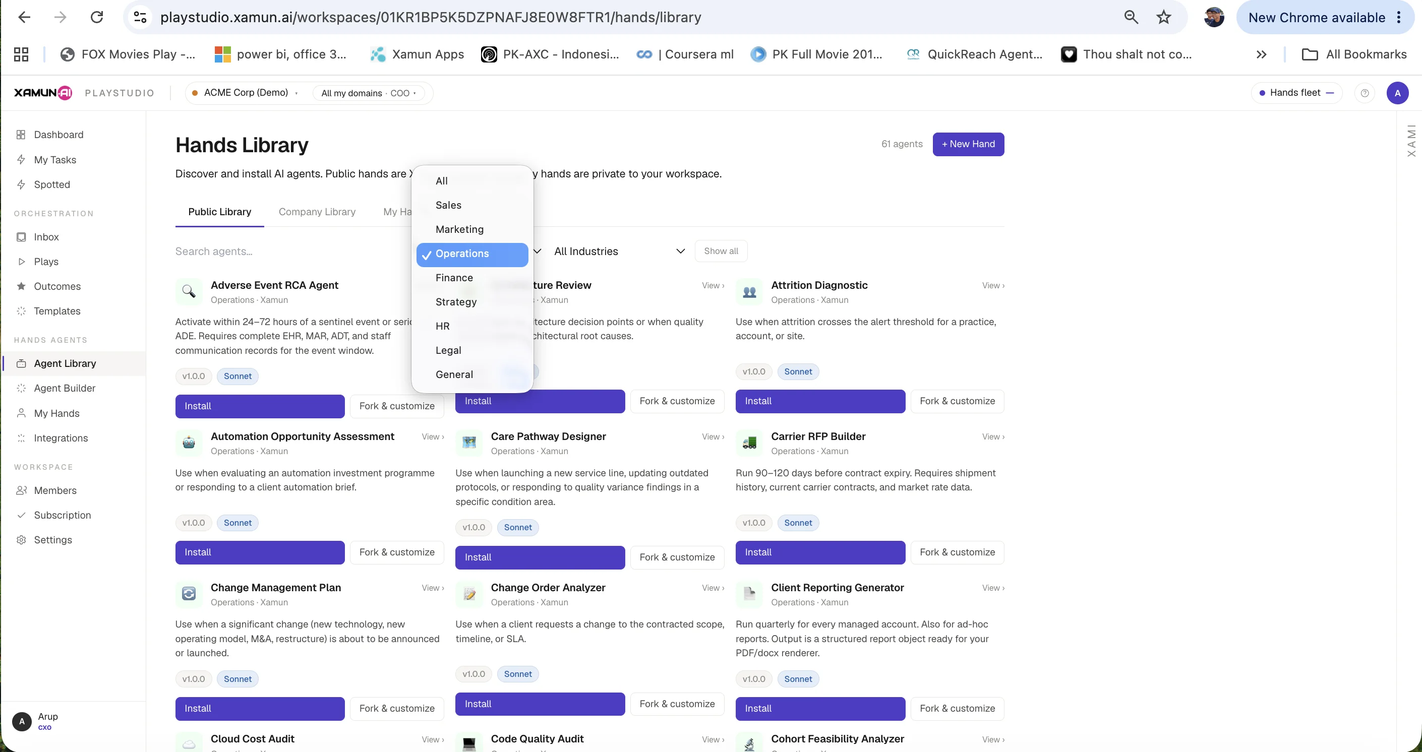 Hands Library showing 61 production agents across Sales, Marketing, Operations, Finance, Strategy, HR, Legal and General with install and fork & customise actions