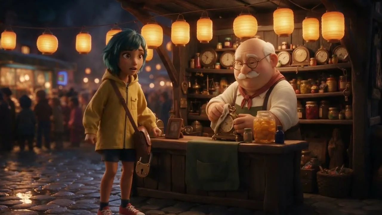 A frame from a 3D CG animation test: a girl in a yellow raincoat at a lantern-lit market stall run by an elderly shopkeeper