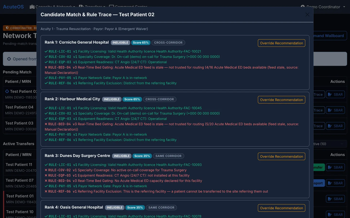 AcuteOS candidate match and rule trace — each candidate facility checked against six named, versioned rules, with the rule each one failed stated in full