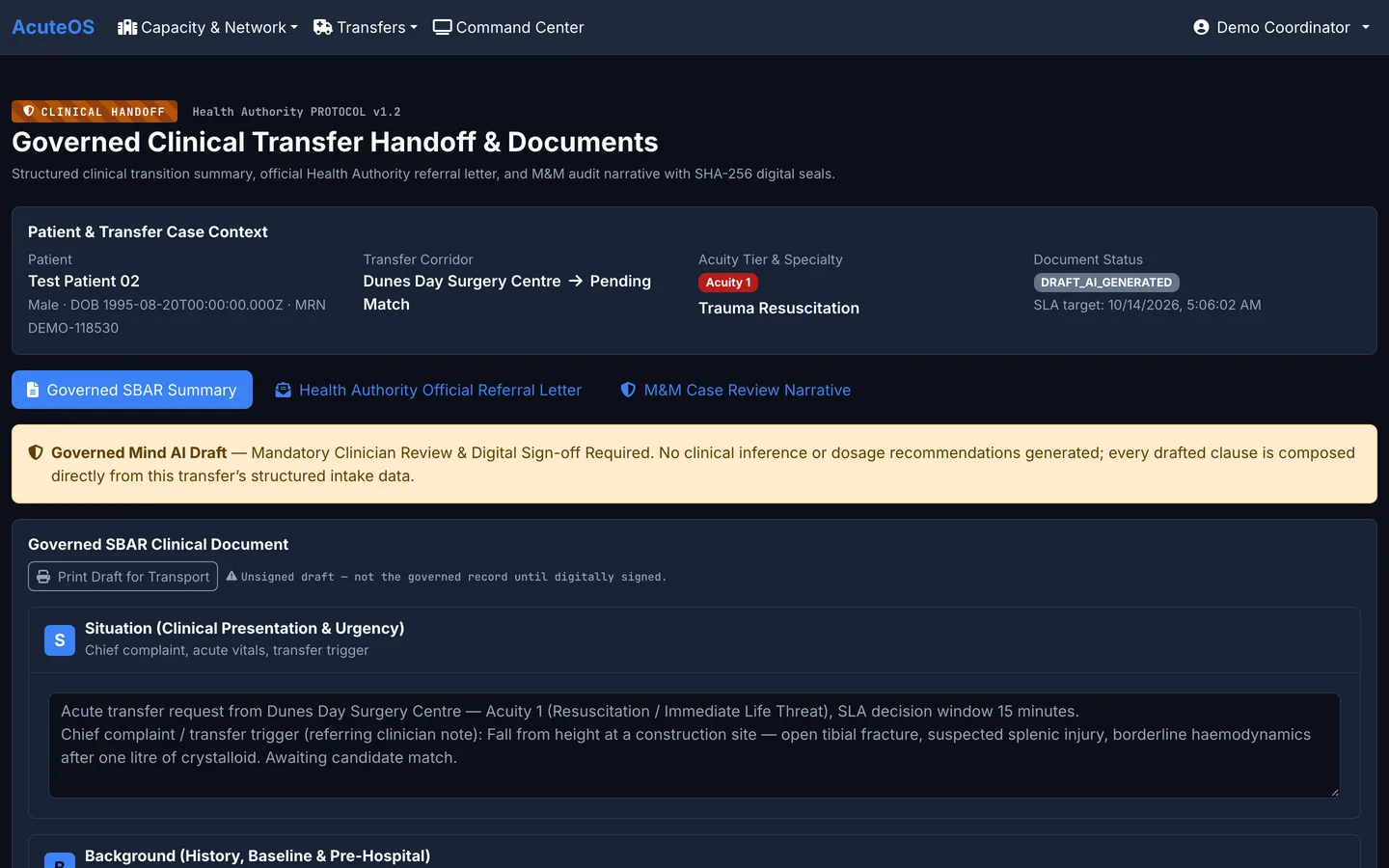 AcuteOS clinical handoff — a governed SBAR draft composed from the structured intake, unsigned until a clinician signs it