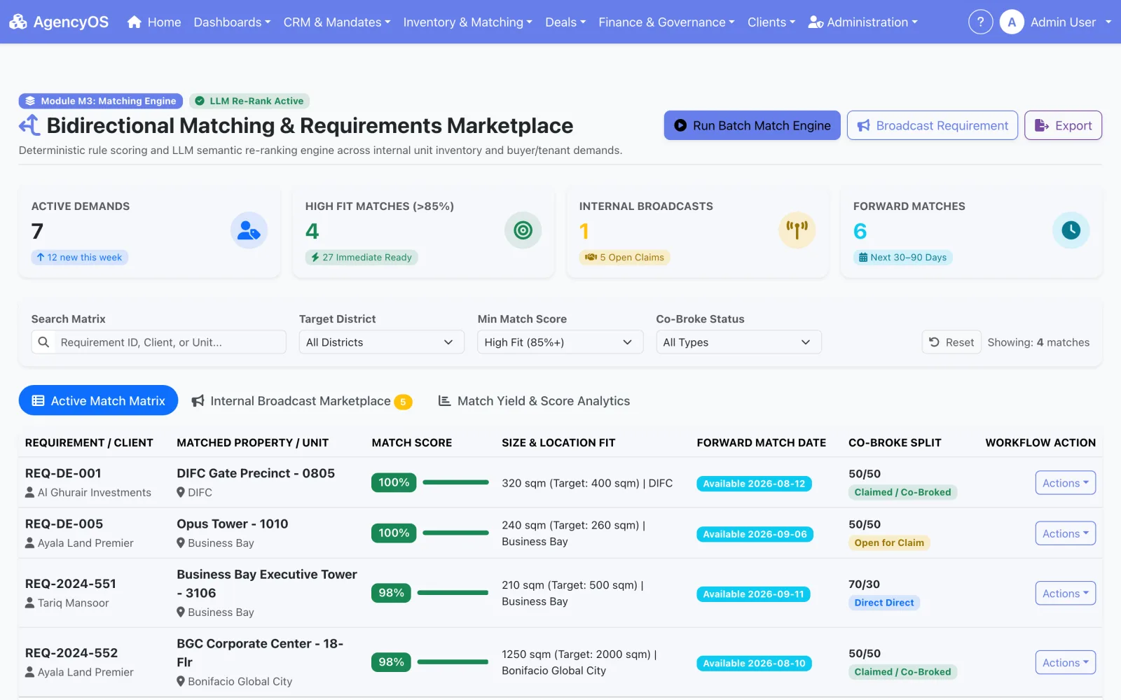 AgencyOS matching & requirements marketplace — bidirectional mandate-to-requirement fits ranked in seconds