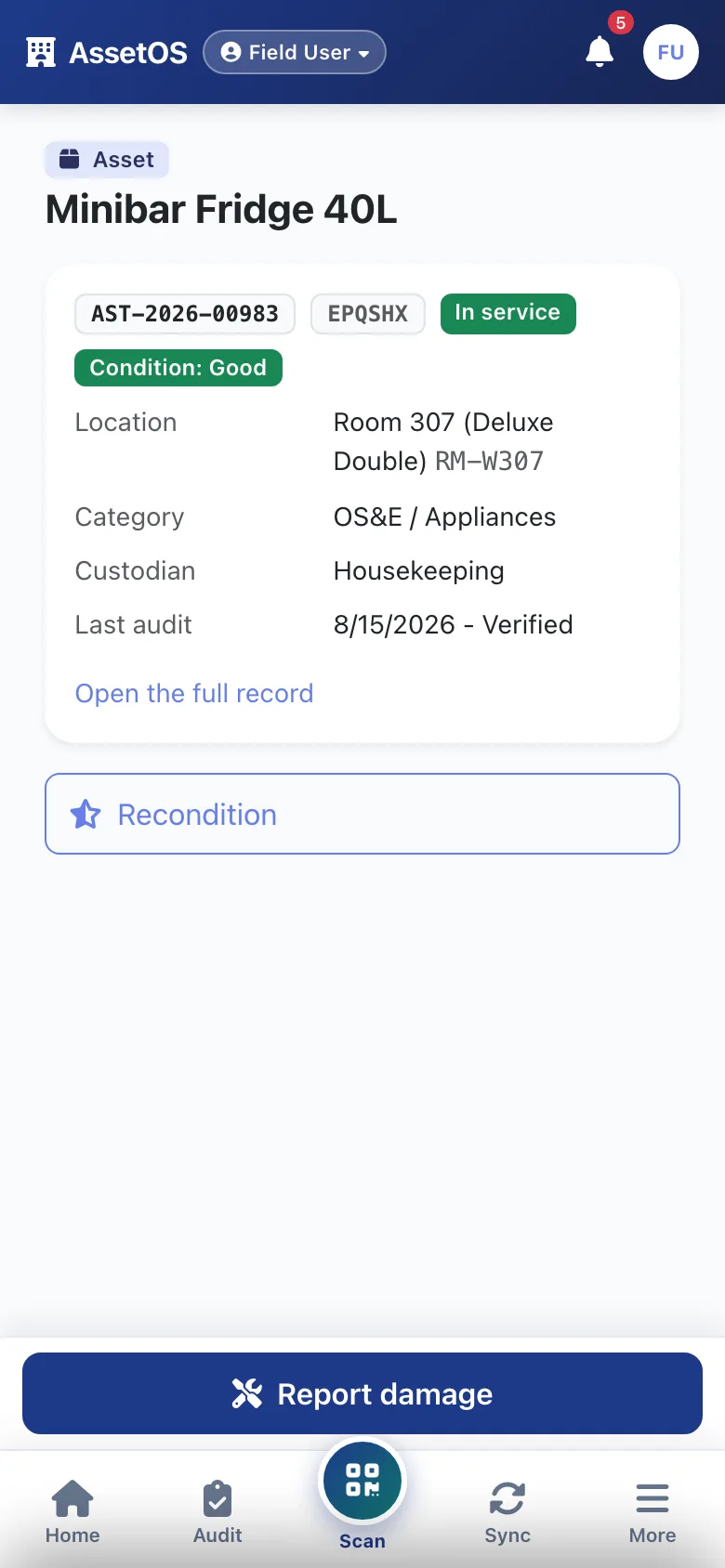 AssetOS asset quick view — a minibar fridge with its tag, condition, room, category, custodian department and last verified audit, and a report-damage button