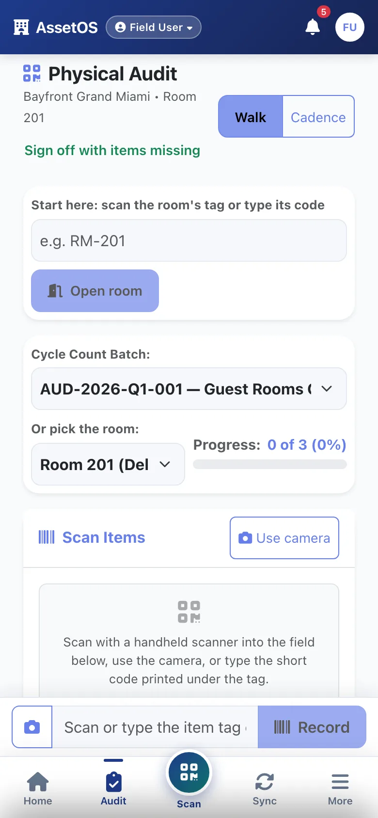 AssetOS physical audit on a phone — a guest room picked from the cycle-count batch, with progress and a scan-items panel