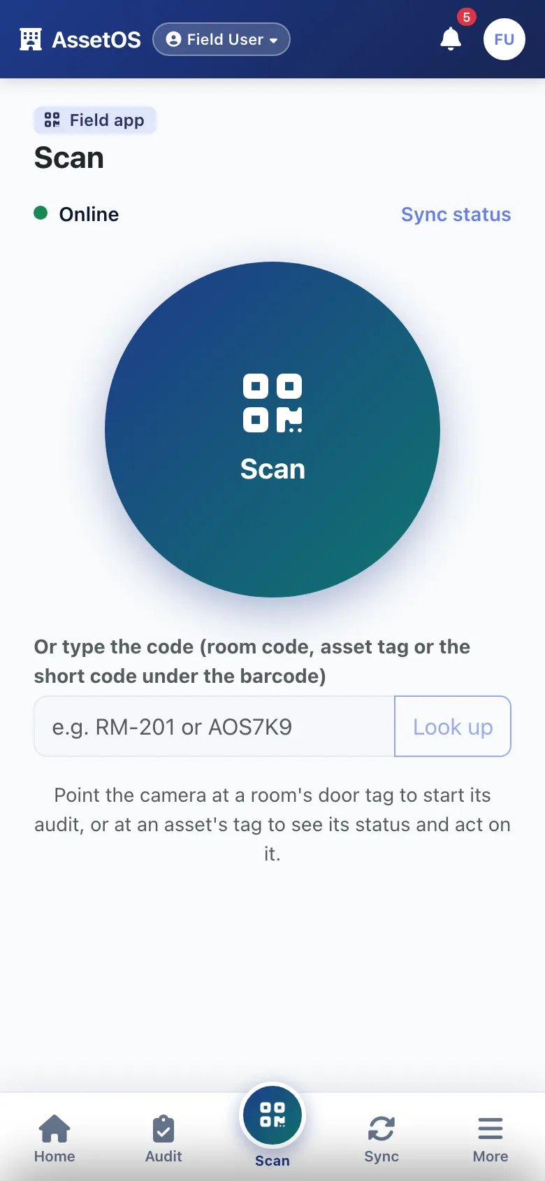 AssetOS field app scan home — one large scan button, a box for the code under the tag, and the online status