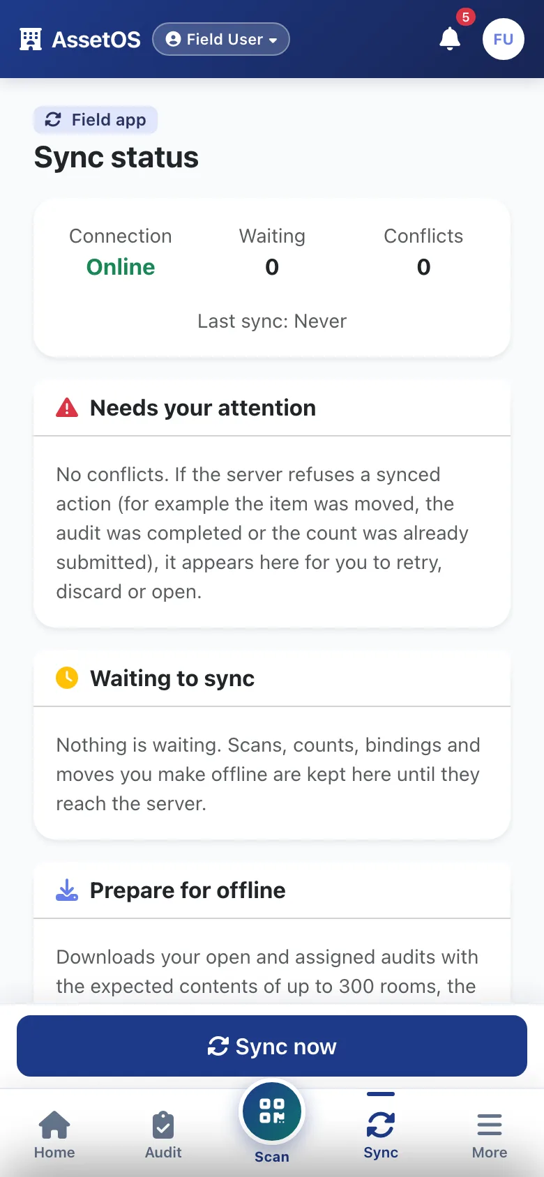 AssetOS sync status — connection, actions waiting to sync, conflicts, and preparing open audits for offline use