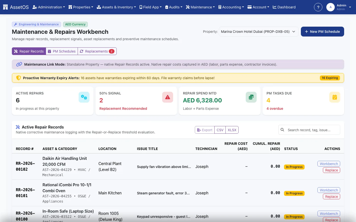 AssetOS maintenance and repairs workbench — repair records with cumulative cost, the repair-or-replace signal, preventive maintenance due and warranty expiry alerts