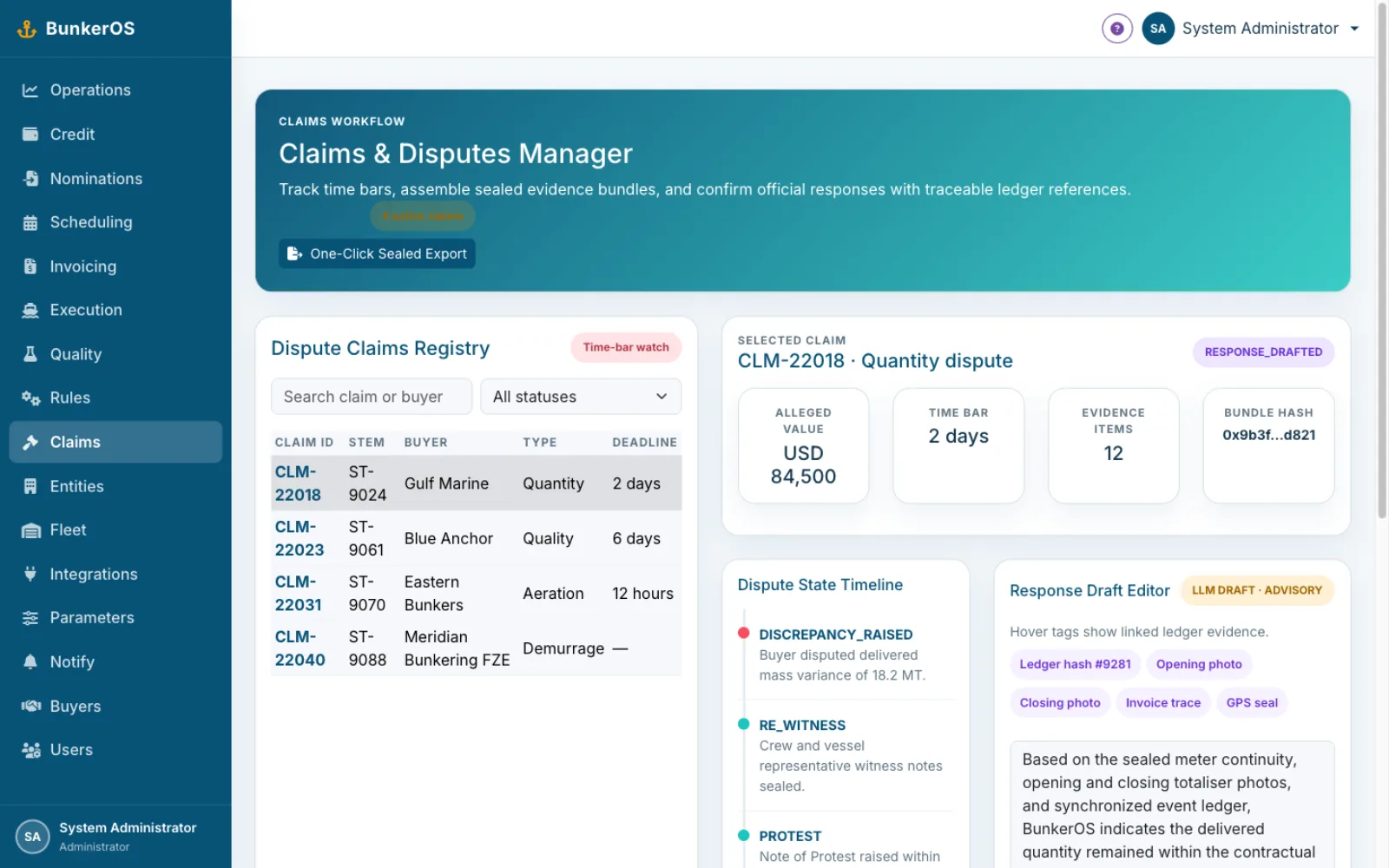 BunkerOS claims and disputes manager — a dispute registry with time-bar countdowns, a selected quantity claim with sealed evidence bundle and bundle hash, and a ledger-linked response draft