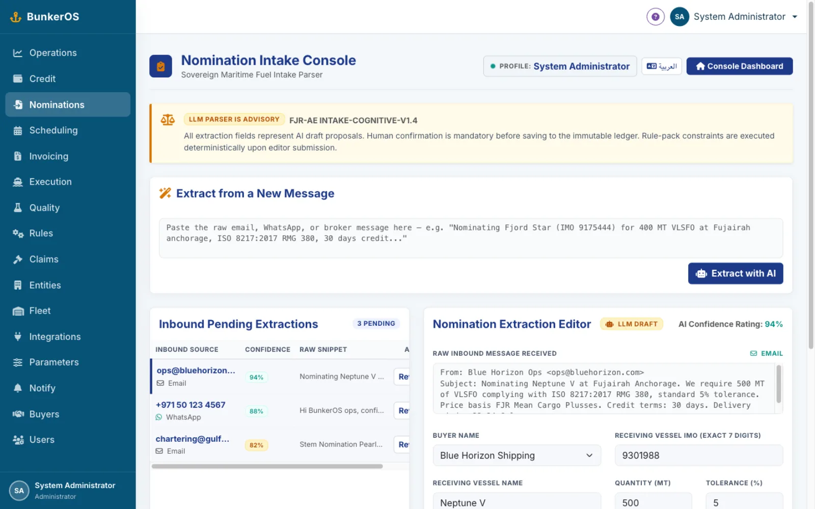 BunkerOS nomination intake console — raw broker emails and WhatsApp messages parsed by AI into a draft extraction with a confidence rating, held for mandatory human confirmation before the immutable ledger