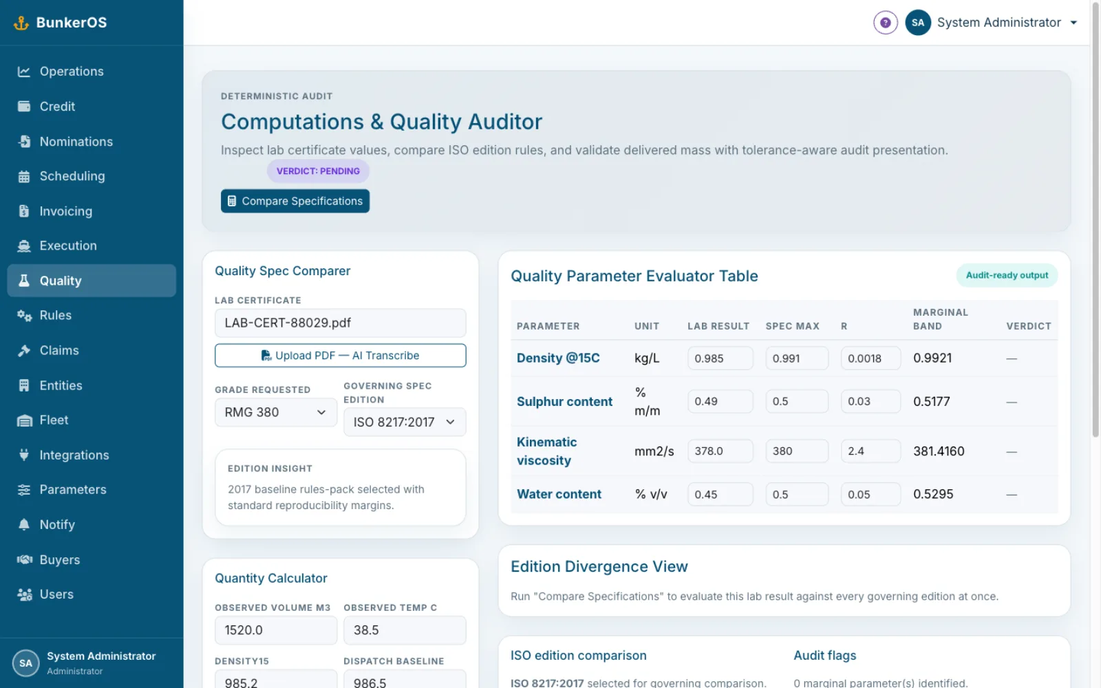 BunkerOS computations and quality auditor — lab-certificate values evaluated against ISO 8217:2017 spec limits with reproducibility margins and tolerance-aware audit verdicts