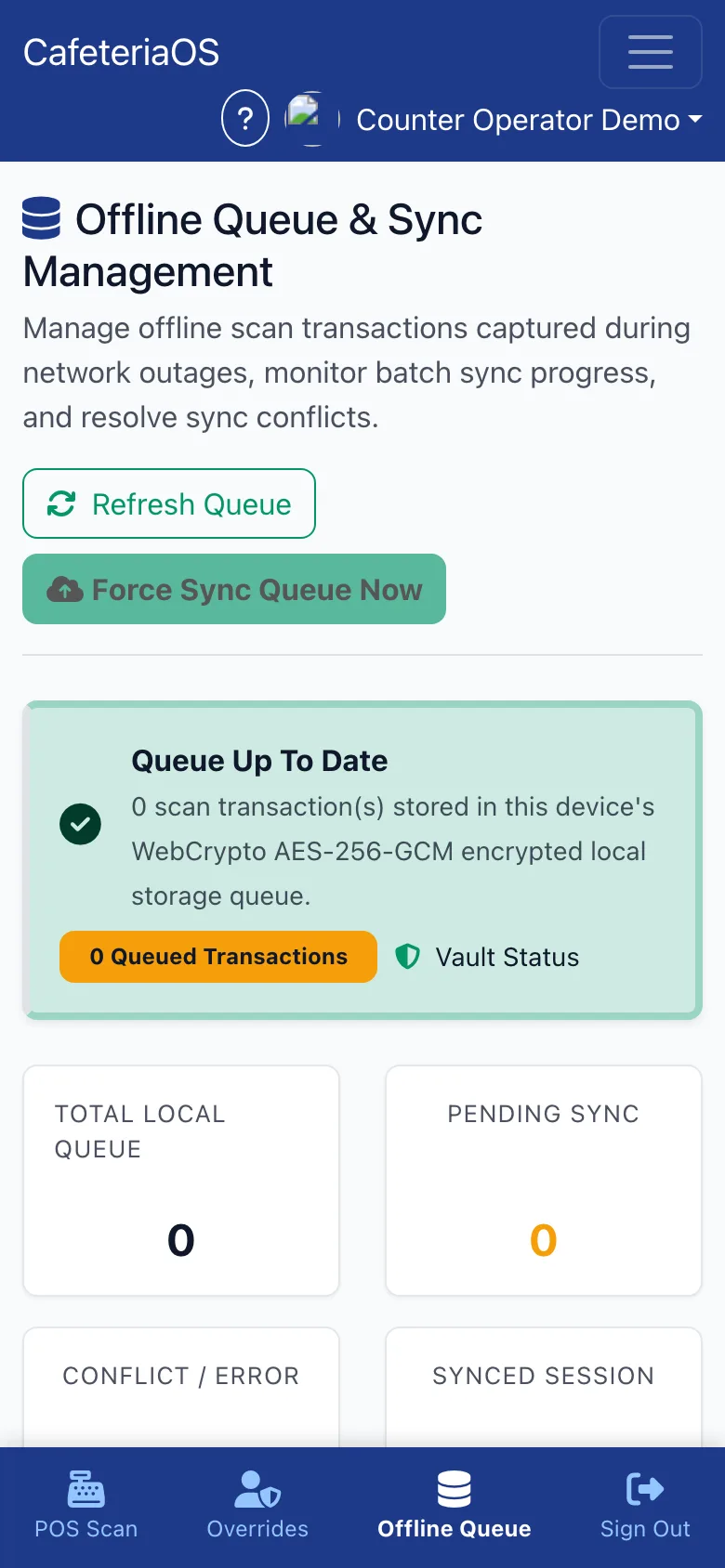 CafeteriaOS offline queue — scans stored encrypted on the device while the network is down, with pending, conflict and synced counts
