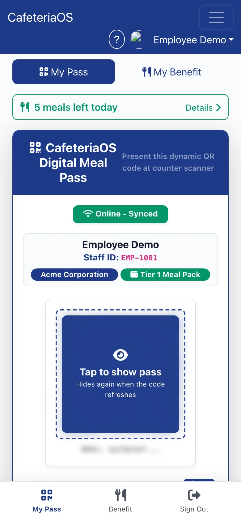 CafeteriaOS employee meal pass on a phone — meals left today, staff ID, meal pack and a signed QR code hidden until tapped (demo data)