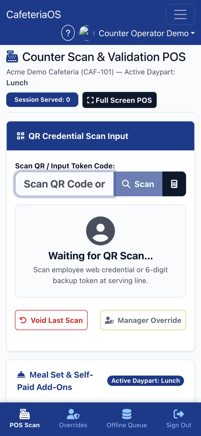 CafeteriaOS counter scan screen on a phone — scan a QR or type a backup code, with void and manager override buttons