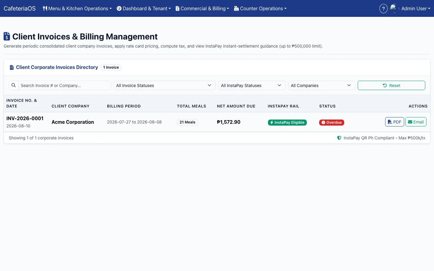CafeteriaOS client invoices — a consolidated corporate invoice for a billing period, with meals billed and status (demo data)