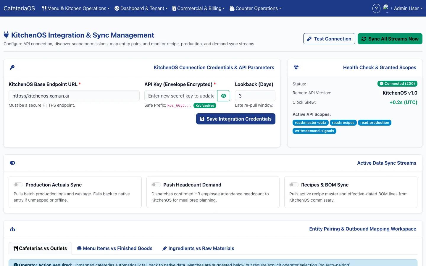 CafeteriaOS KitchenOS connection — sync streams for production actuals, headcount demand and recipes