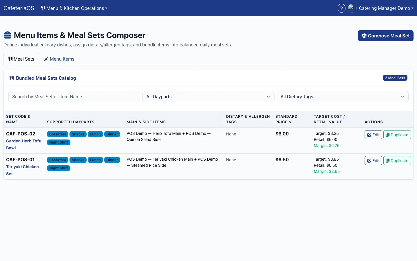 CafeteriaOS meal set composer — meal sets by meal period with target cost, price and margin