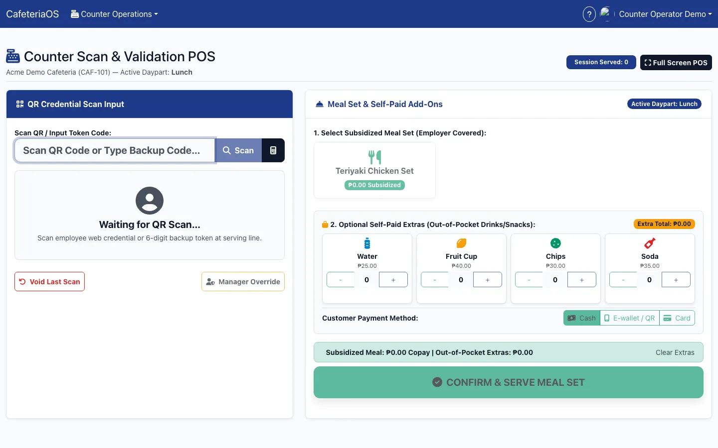 CafeteriaOS counter scan and validation — the subsidised meal set for the current meal period, paid extras, and cash, e-wallet or card for the copay (demo data)