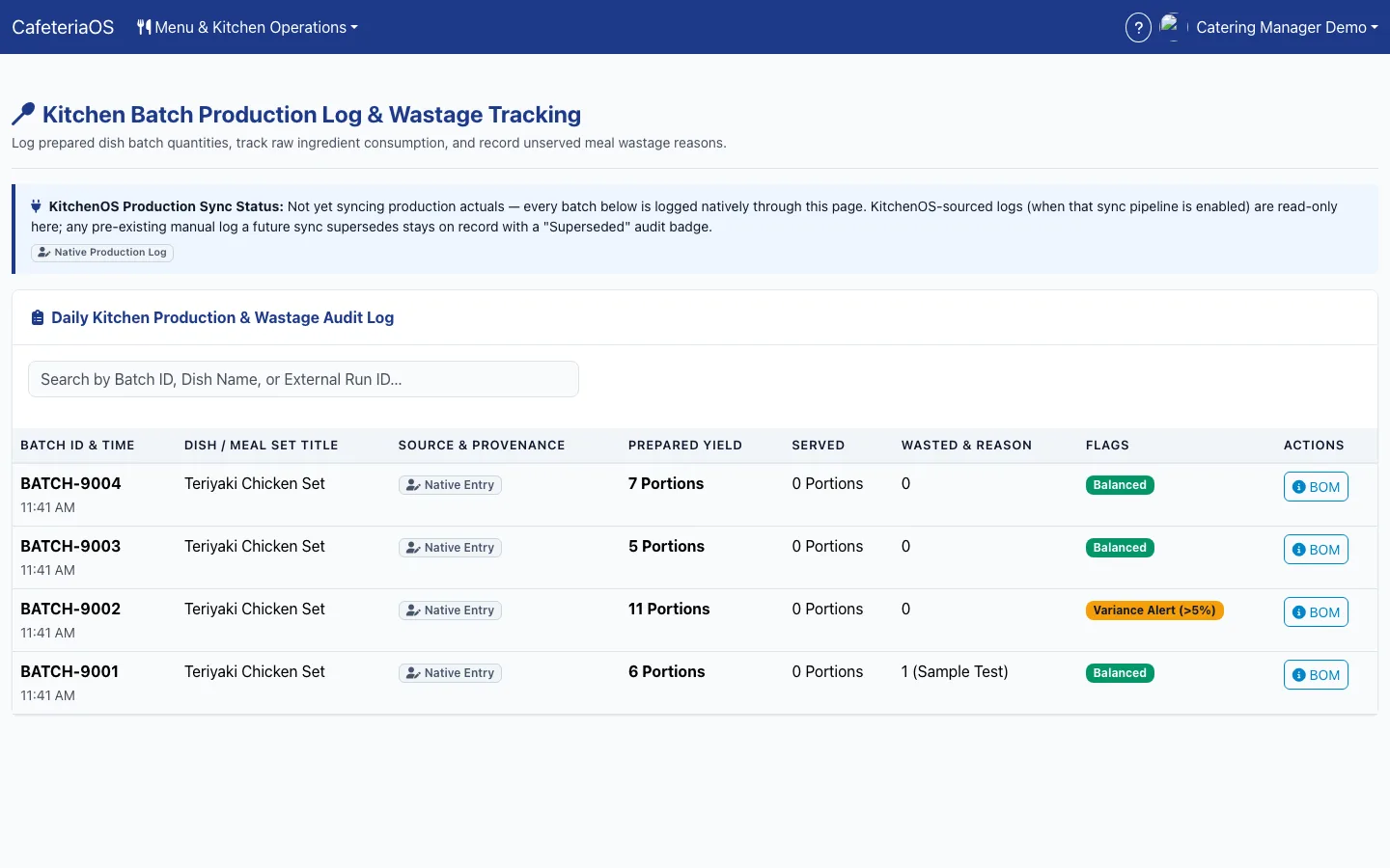 CafeteriaOS kitchen production and wastage log — batches with prepared, served and wasted portions and a variance alert above five per cent (demo data)