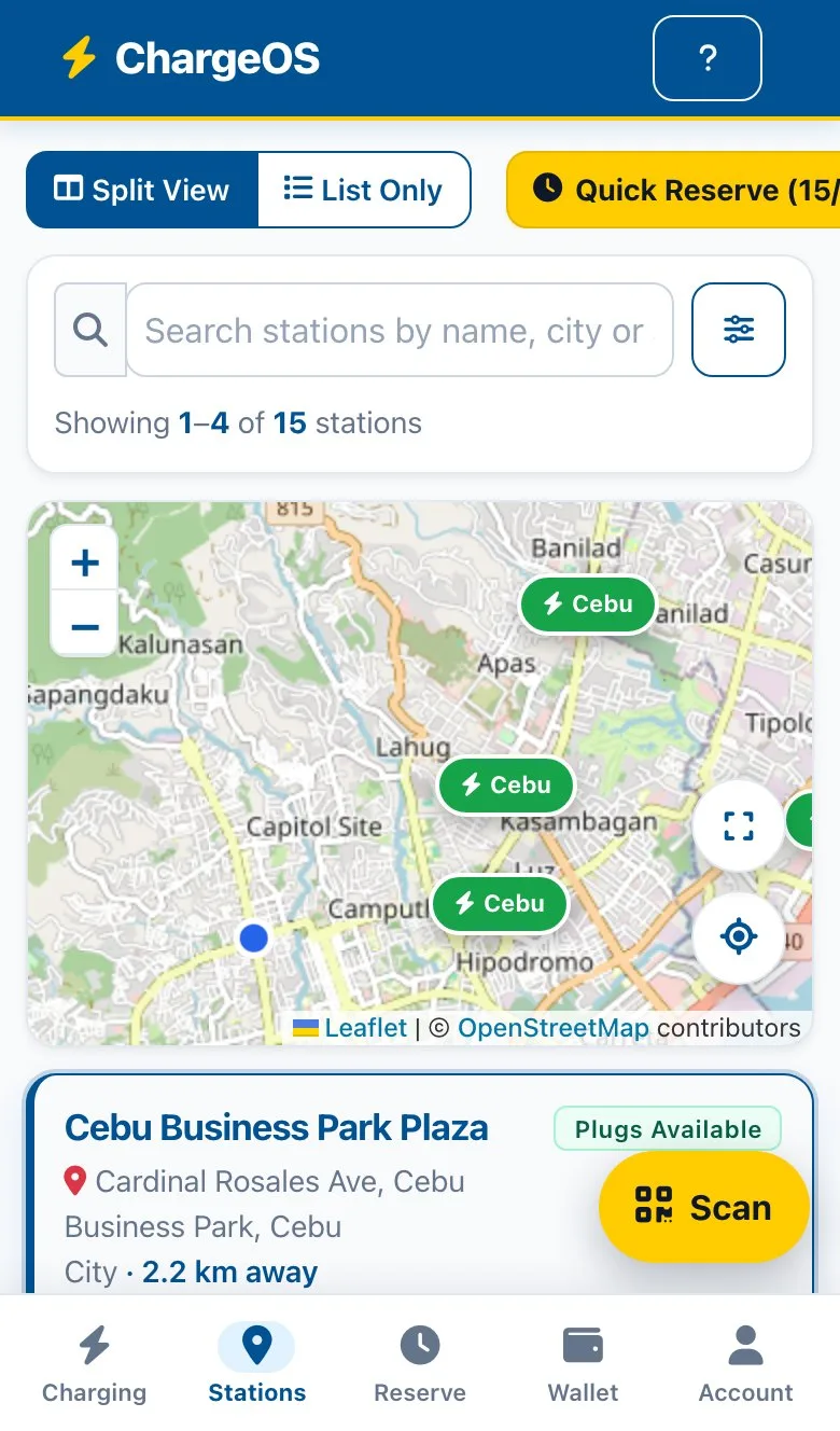 ChargeOS driver app station finder — a map centred on the driver with the nearest charging plaza, its distance and available plugs