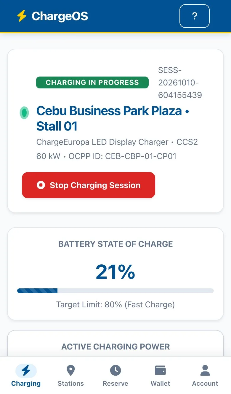 ChargeOS live charging screen — charging in progress at a 60 kW CCS2 connector, with battery state of charge and a stop button