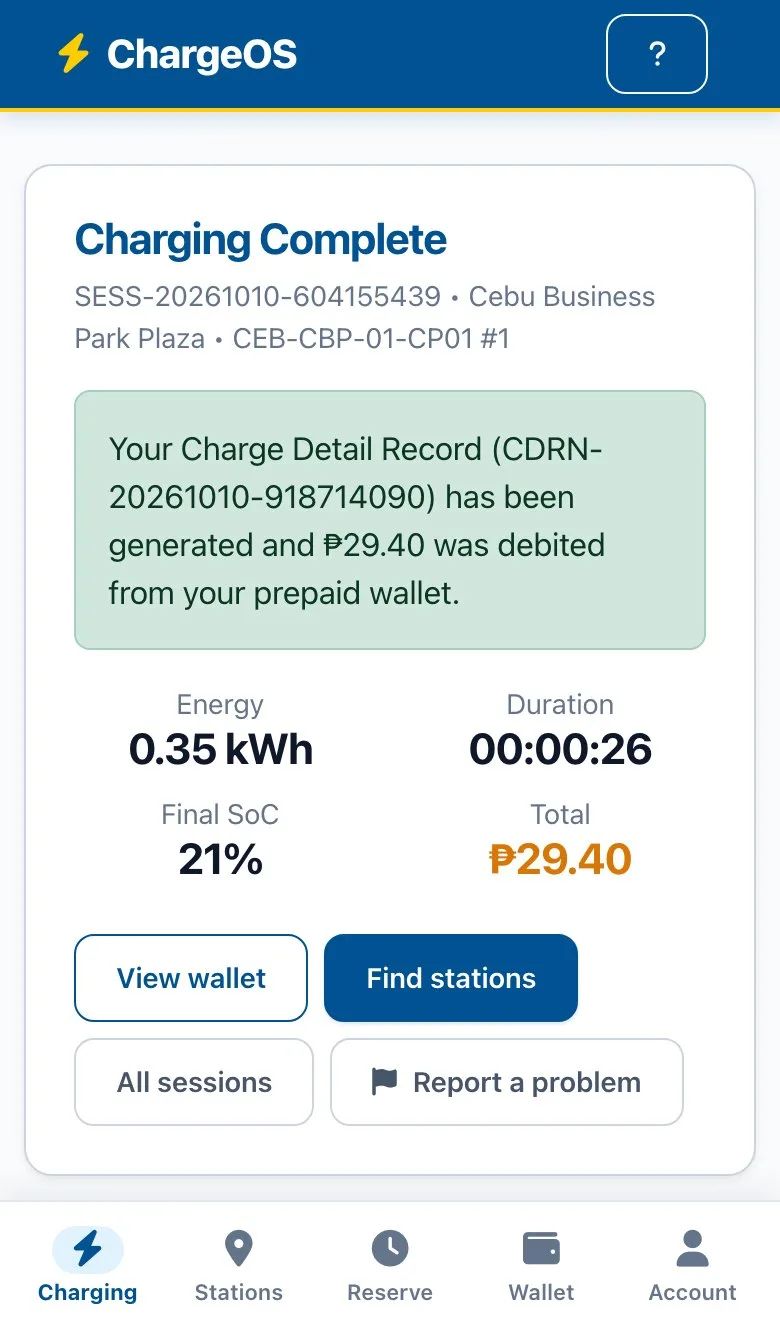 ChargeOS charging-complete receipt — energy, duration, final state of charge and total debited from the wallet, with a report-a-problem button