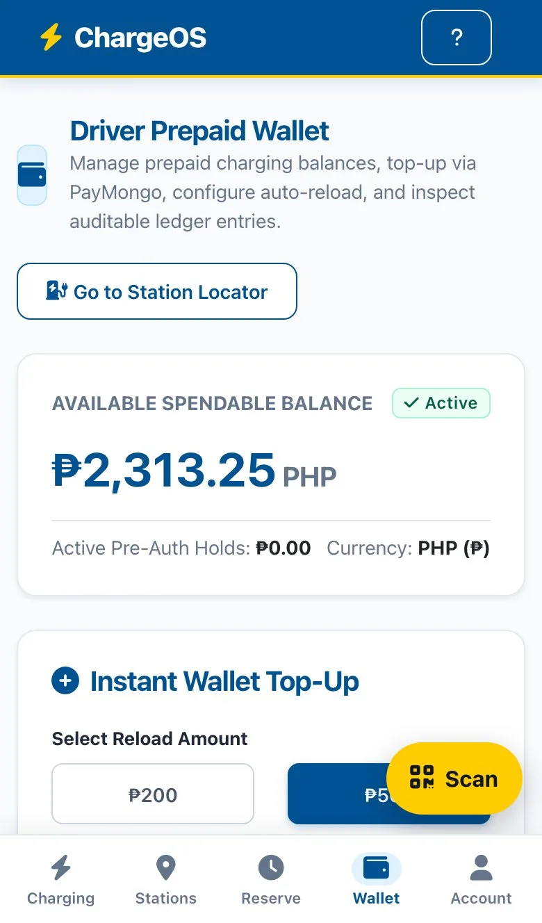 ChargeOS driver prepaid wallet — spendable balance in pesos with instant top-up amounts