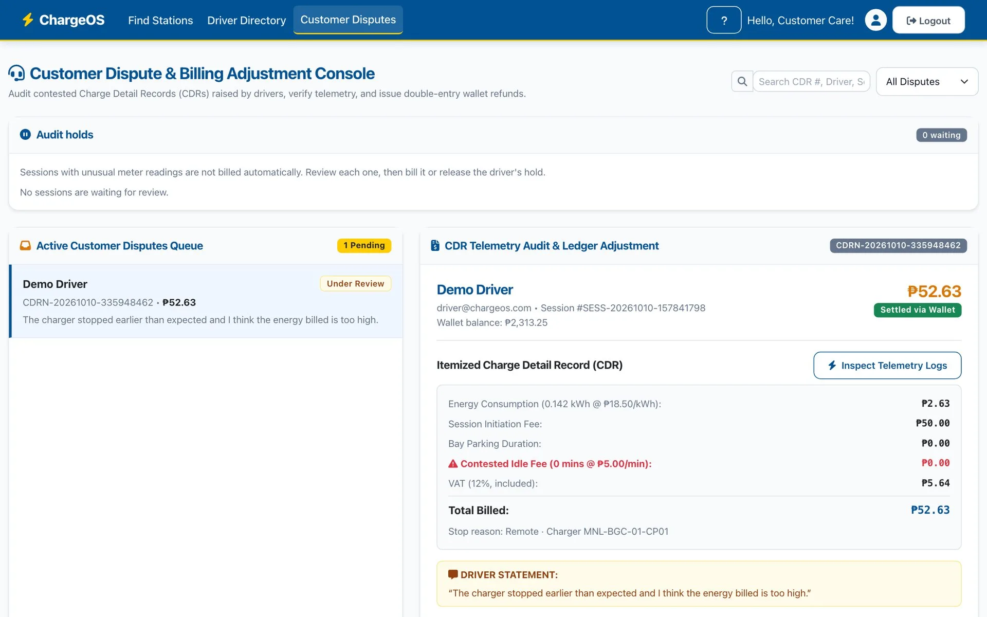 ChargeOS customer dispute console — a disputed session with its itemised charge detail record, the audit-hold queue and the driver&rsquo;s statement