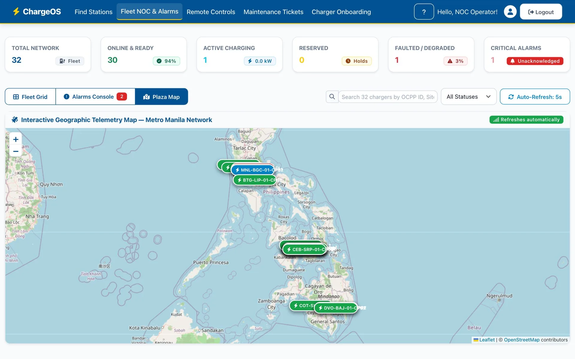 ChargeOS network map — charging sites across the Philippines with live status