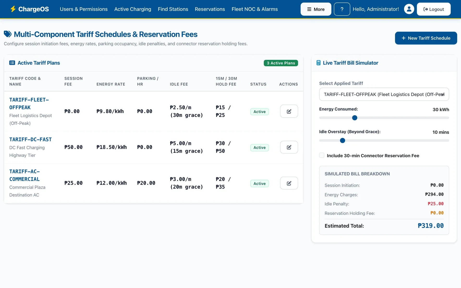 ChargeOS tariff schedules — session, energy, parking and idle fees per plan, beside a live bill simulator