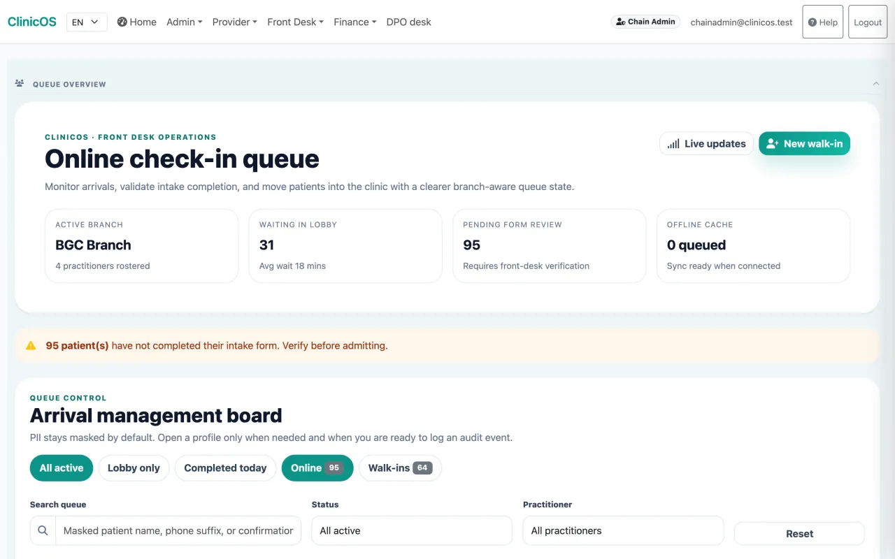 ClinicOS front-desk online check-in queue