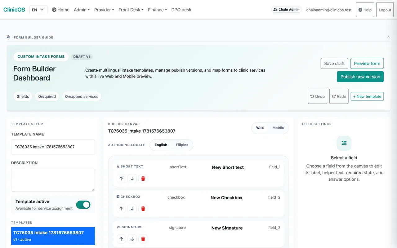 ClinicOS no-code intake form builder