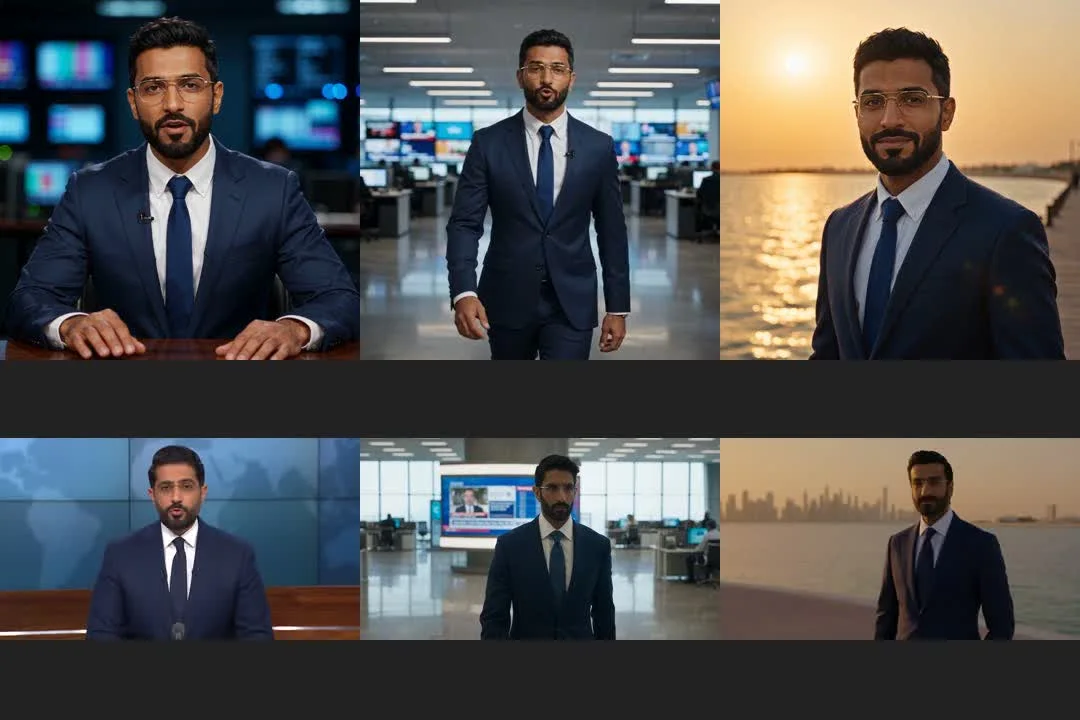 One character, two ways of casting it. Top row: one reference sheet holds the same face, beard and glasses at the desk, walking and outdoors. Bottom row: a description only gives three different men. Seedance 2.5 on BytePlus, 25 September 2026, same prompts and settings in both rows