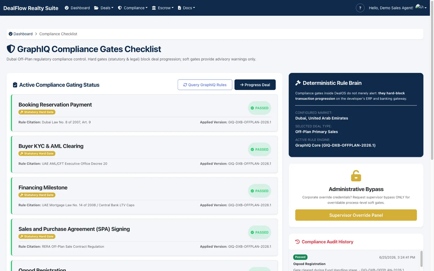DealOS GraphIQ compliance gates checklist showing active gating status and a deterministic rule brain