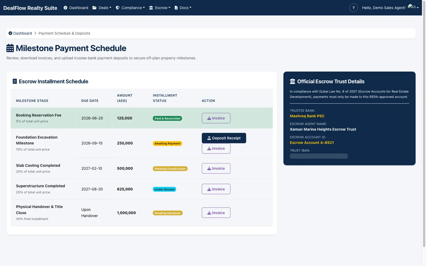 DealOS milestone payment schedule with escrow installment stages and official RERA escrow trust details