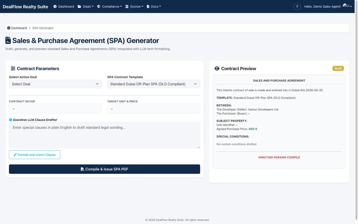 DealOS Sales and Purchase Agreement generator with contract parameters, live preview and assistive LLM clause drafting