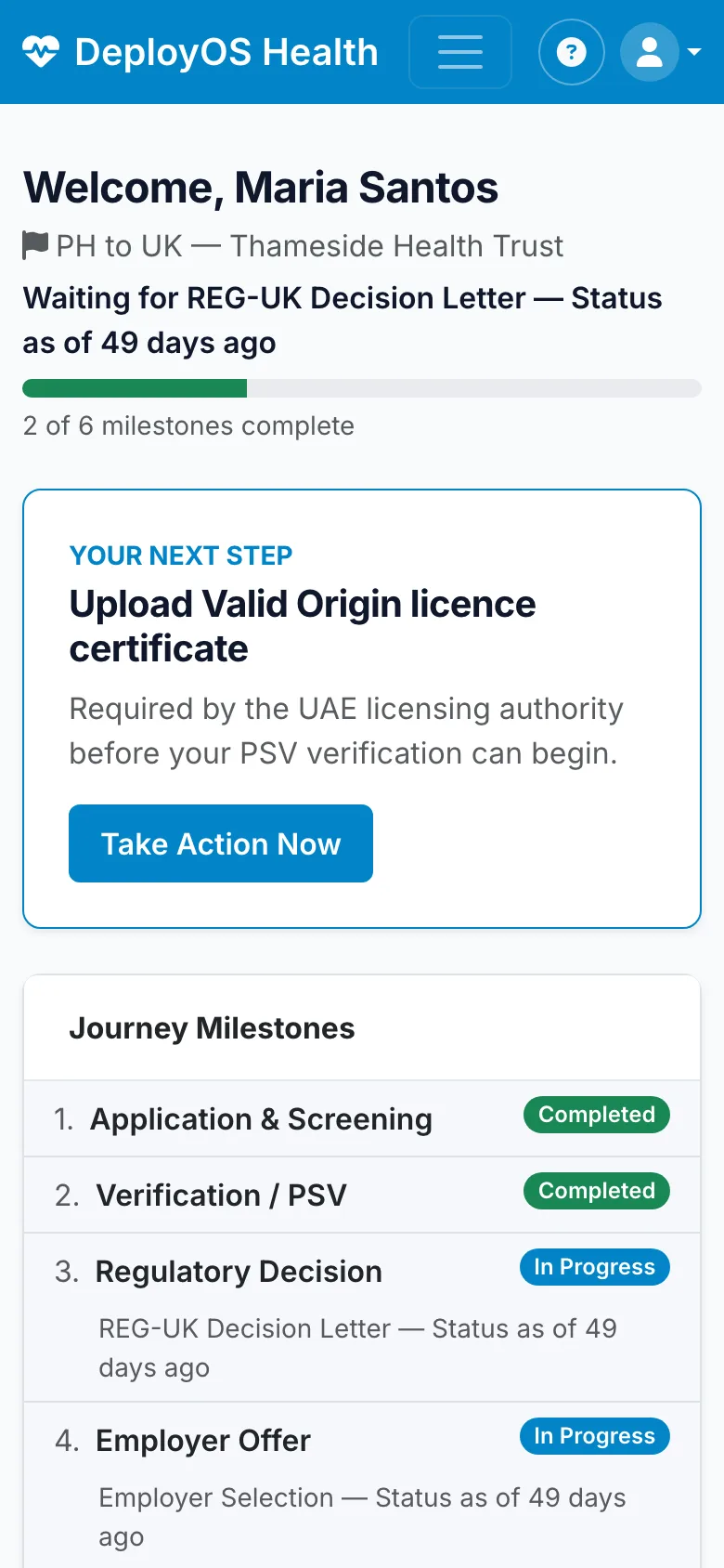 Candidate home screen: deployment progress and the one next step