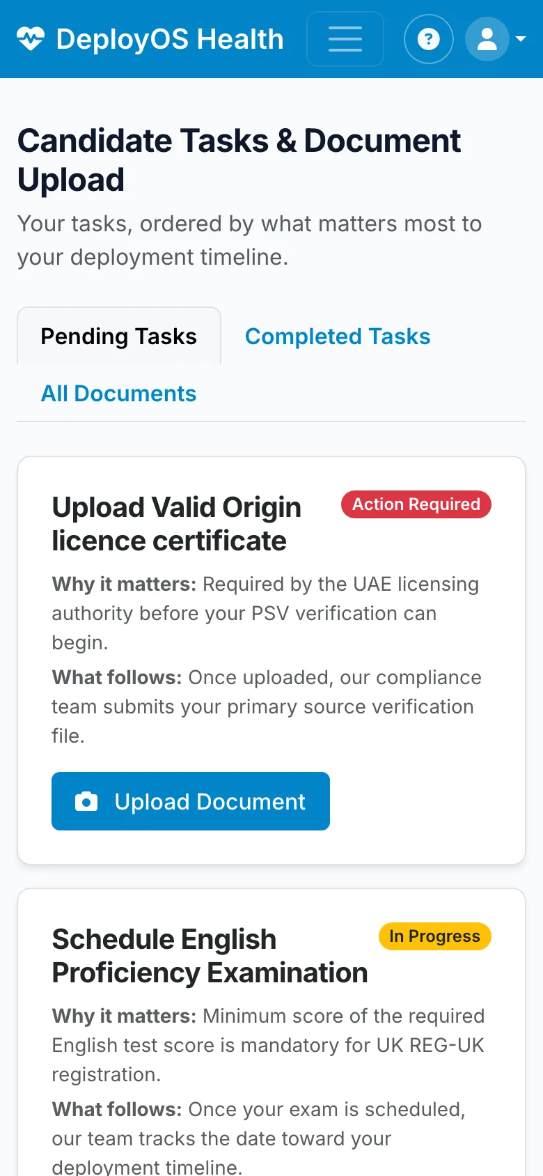 Candidate task list ordered by effect on the deployment timeline