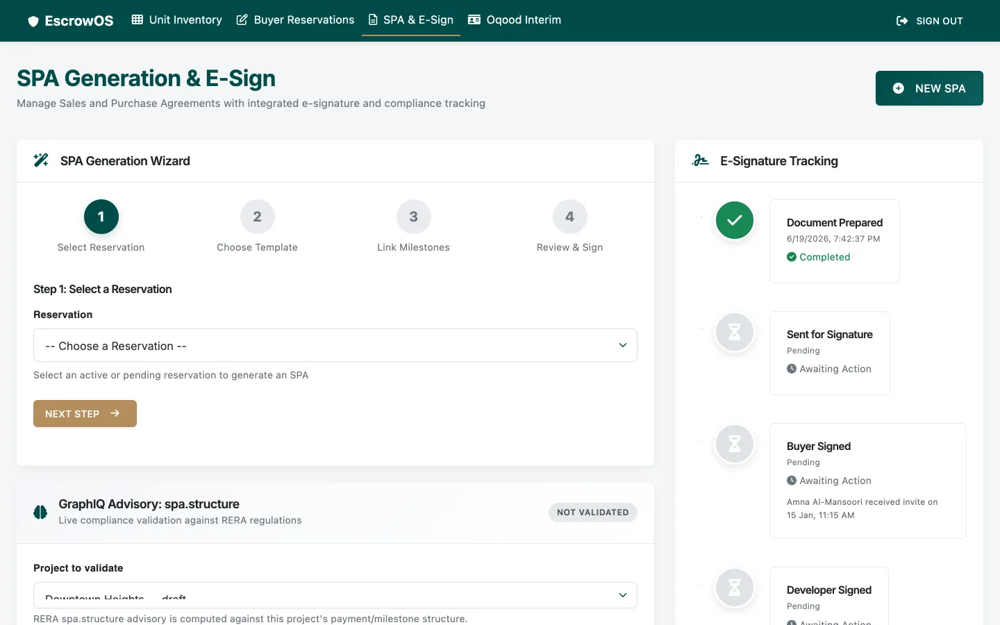 EscrowOS SPA generation and e-signature workspace