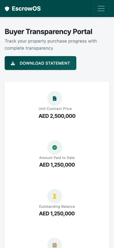 EscrowOS buyer transparency portal on mobile showing escrow position and payment history