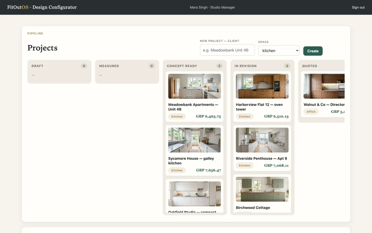 FitOutOS pipeline board showing kitchen and office projects with concept renders and prices