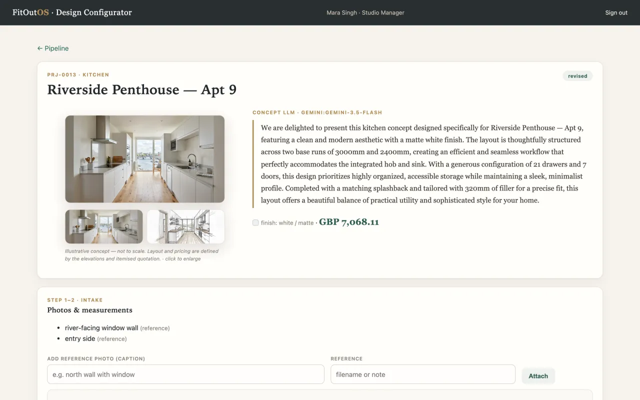 FitOutOS project workspace with AI concept render, sketch and live total
