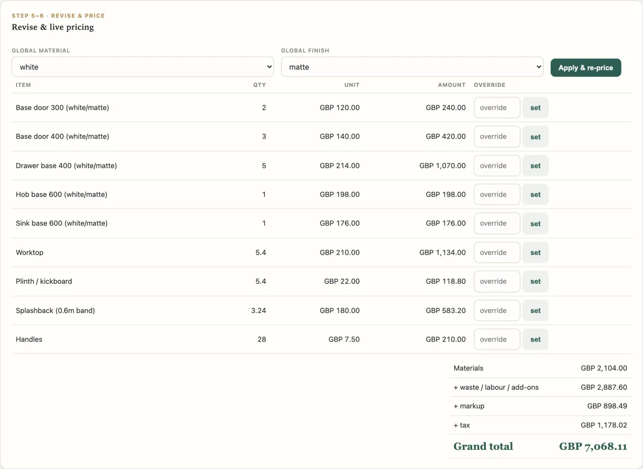 FitOutOS revise and live pricing panel with itemised line items