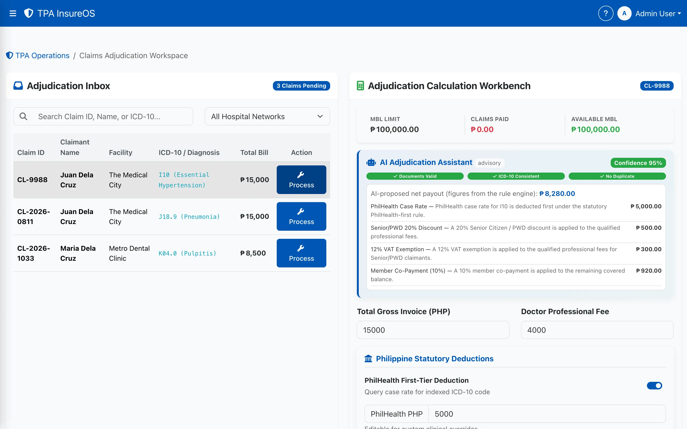 InsureOS claims adjudication workbench with an AI Adjudication Assistant computing PhilHealth statutory deductions