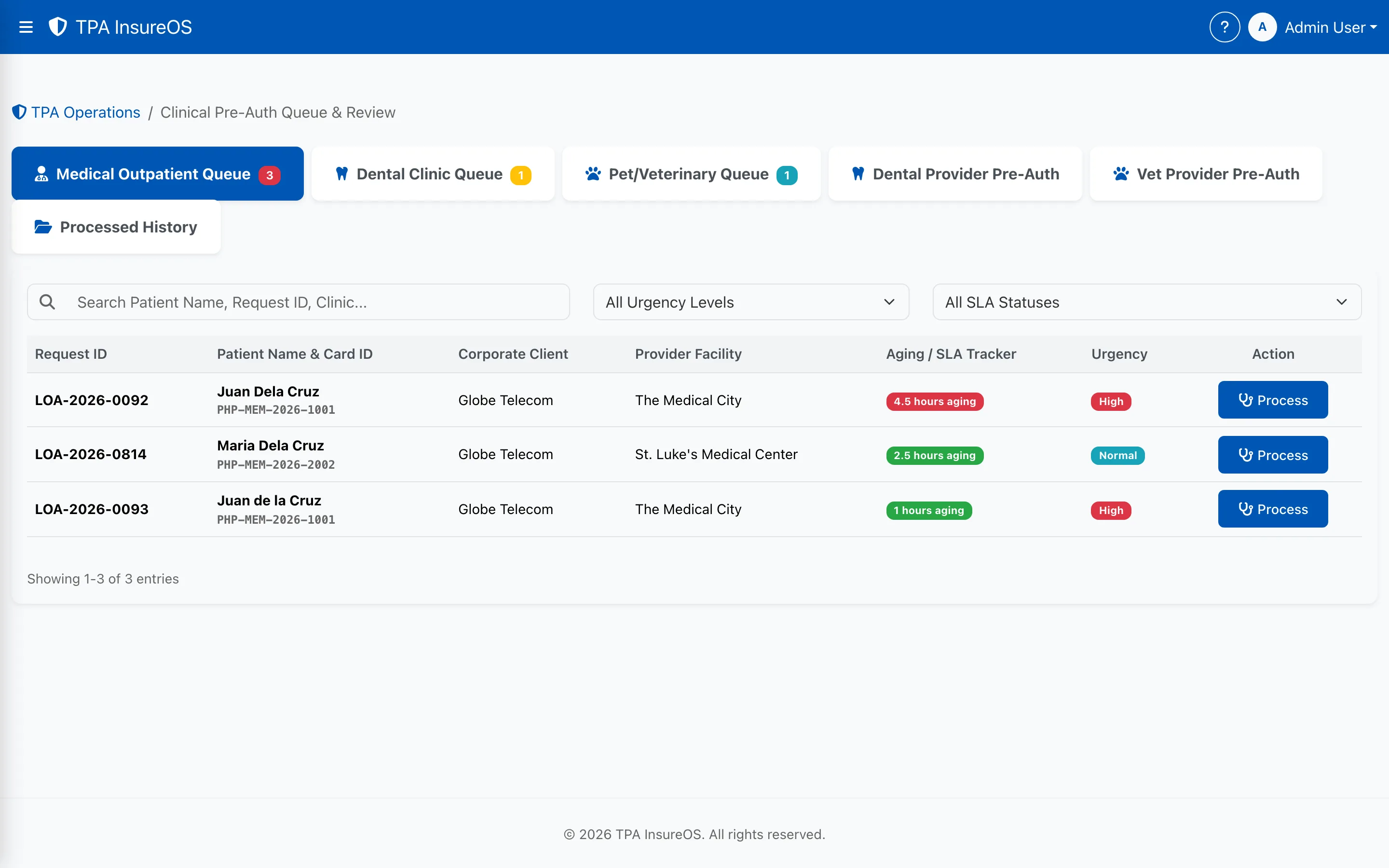 InsureOS clinical pre-authorisation workspace handling medical, dental and veterinary cases in one queue