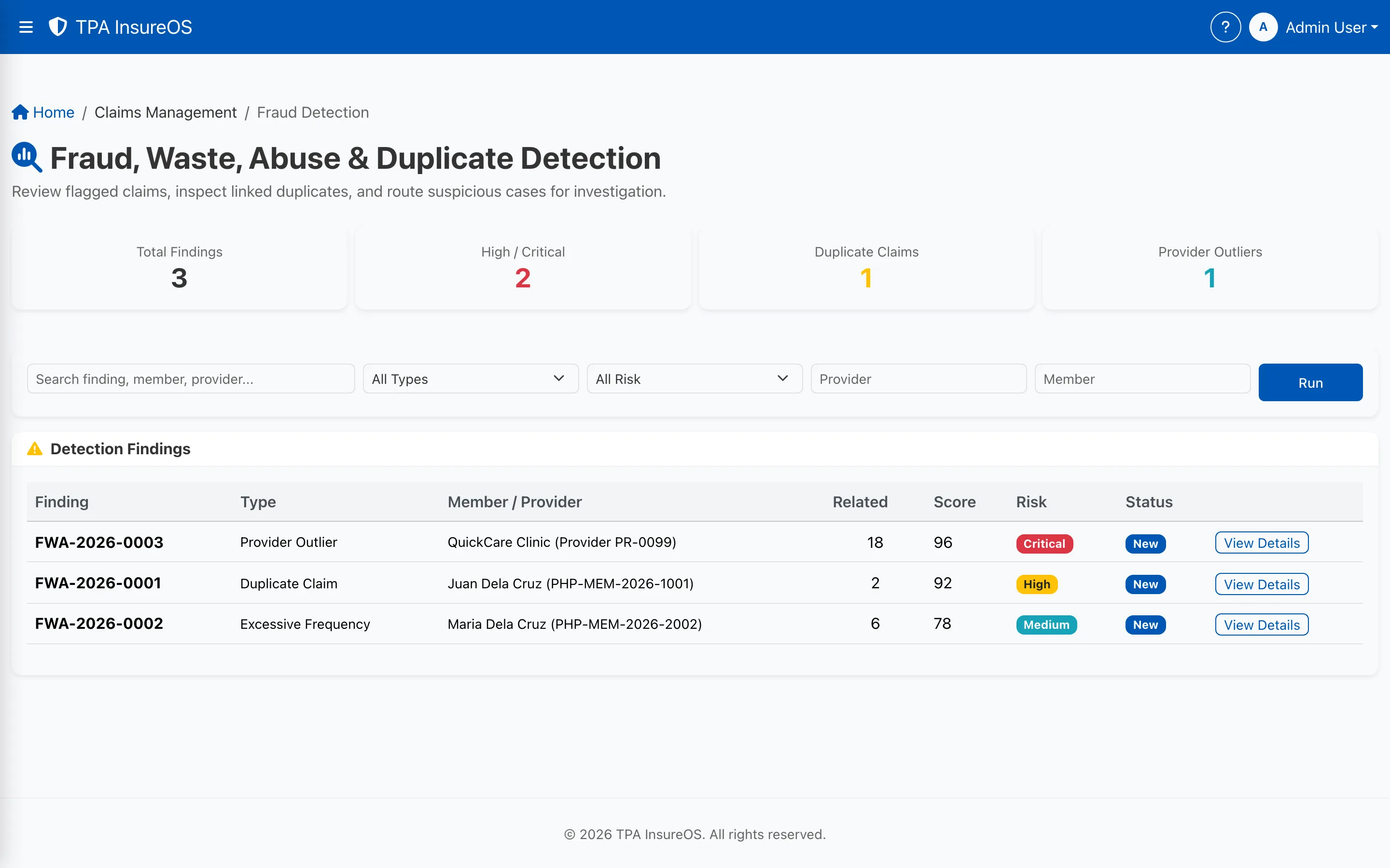InsureOS fraud, waste and abuse detection screen flagging suspicious claims before payout
