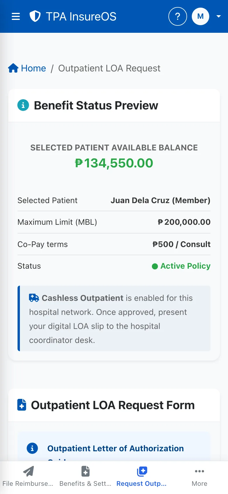 InsureOS member mobile app issuing a cashless Letter of Authorisation