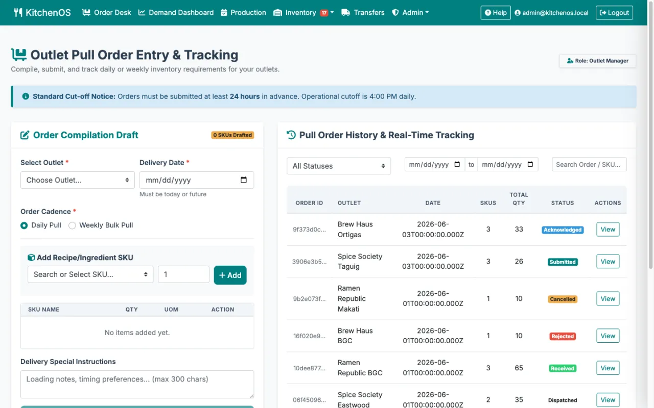KitchenOS pull-order entry and real-time tracking screen