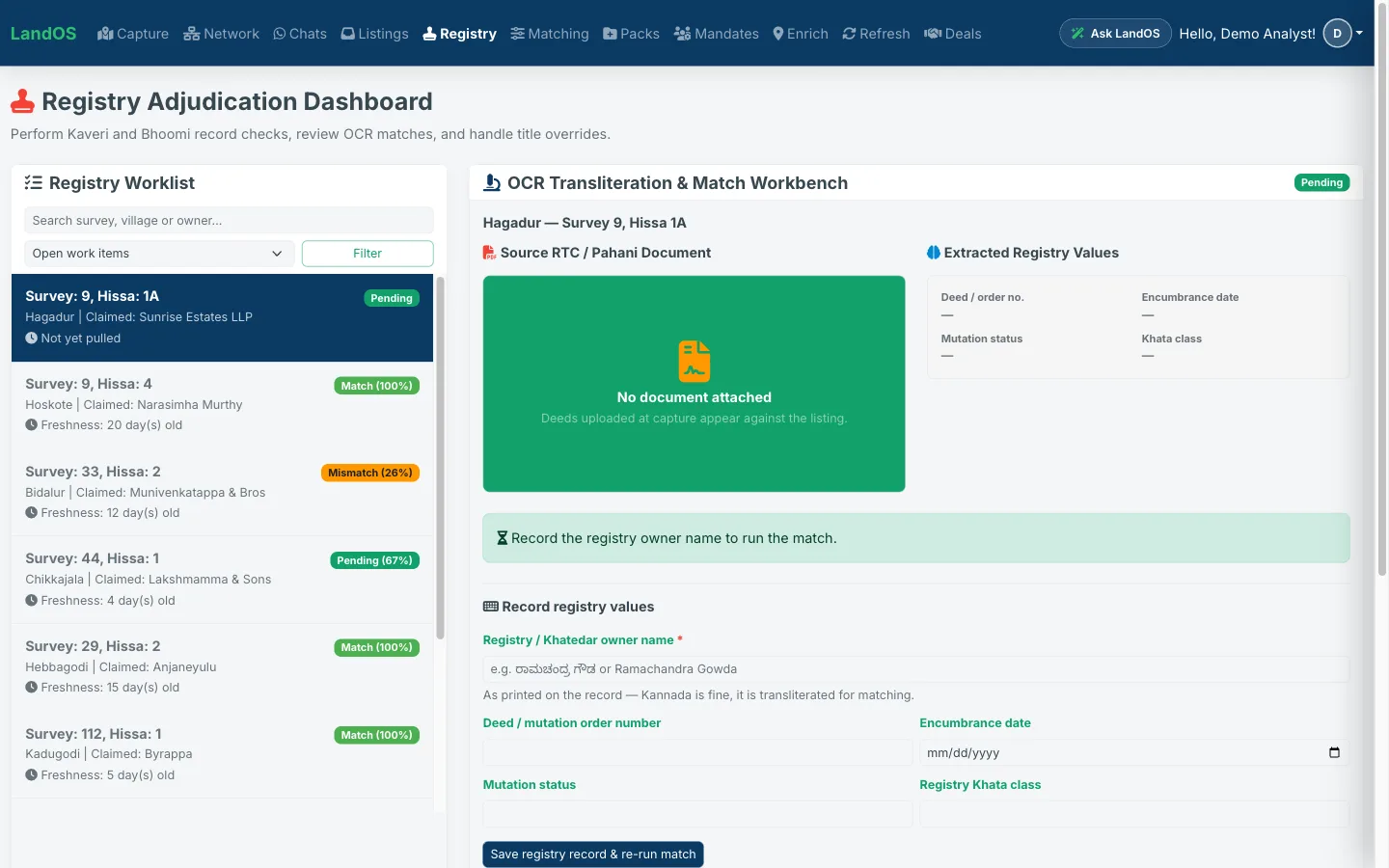 LandOS registry adjudication workbench, shown here on the India market — Kaveri and Bhoomi survey records with Kannada owner-name transliteration matched against the claim