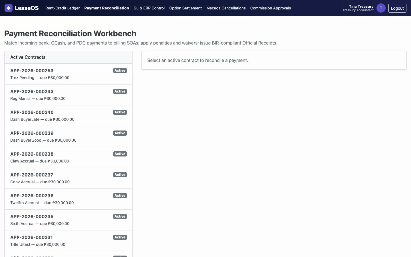 LeaseOS payment reconciliation workbench matching bank, GCash and PDC payments to billing statements
