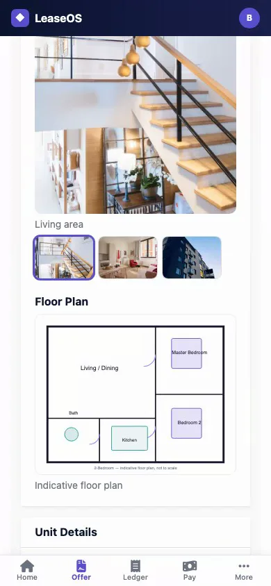 LeaseOS buyer app showing a unit listing with gallery and indicative floor plan