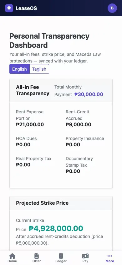 LeaseOS buyer transparency dashboard with all-in fees, rent-credit accrual and Maceda Law protections
